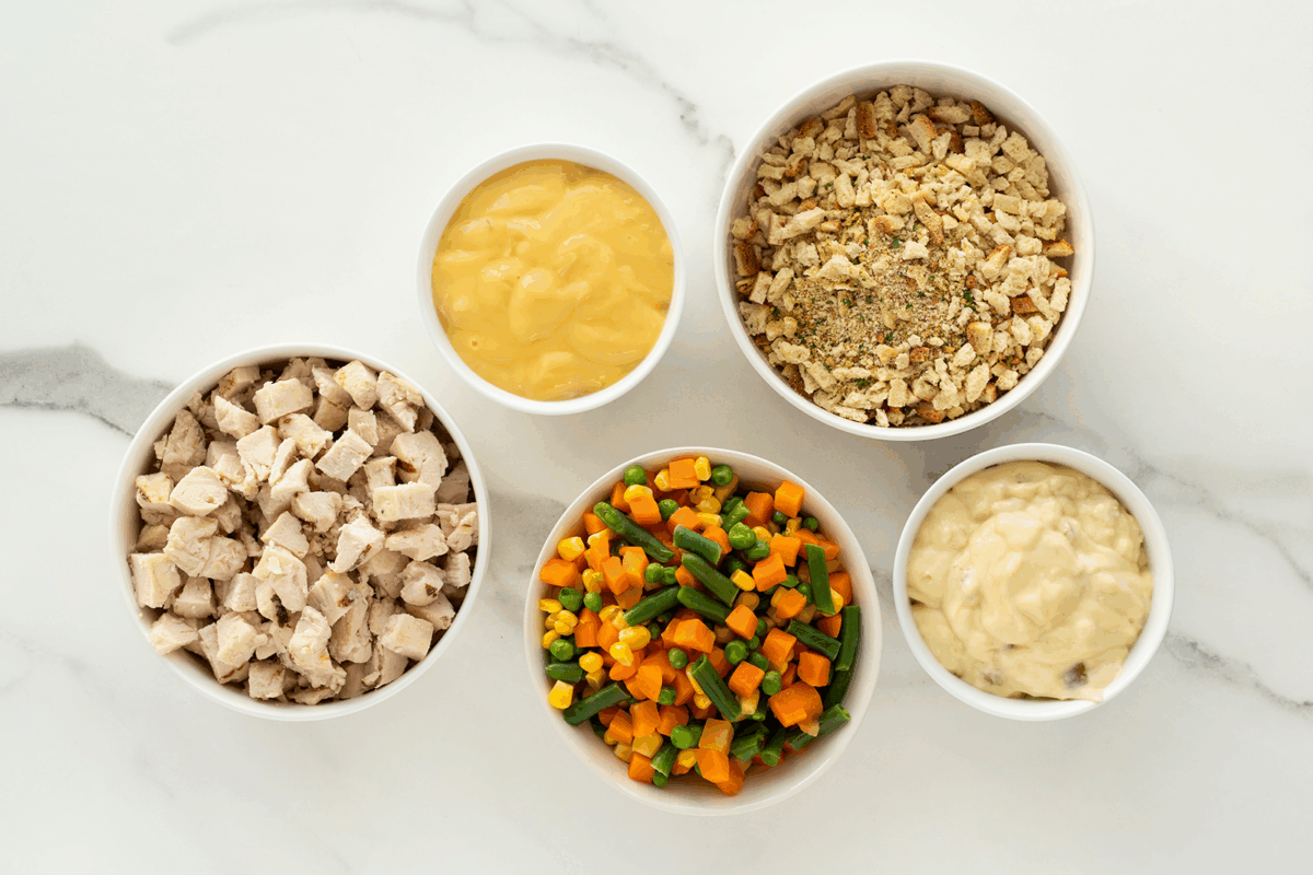 Five bowls on a marble surface containing diced cooked chicken, mixed vegetables, condensed soup, stuffing mix with herbs, and a creamy sauce.