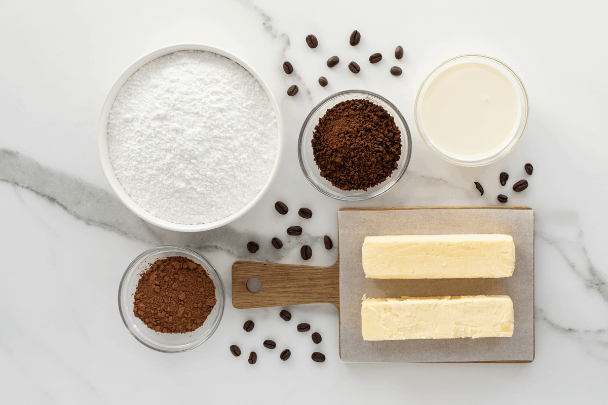 A top-down view of baking ingredients: a bowl of powdered sugar, a bowl of instant coffee, a bowl of cocoa powder, a cup of cream, coffee beans, and two sticks of butter on a small cutting board.