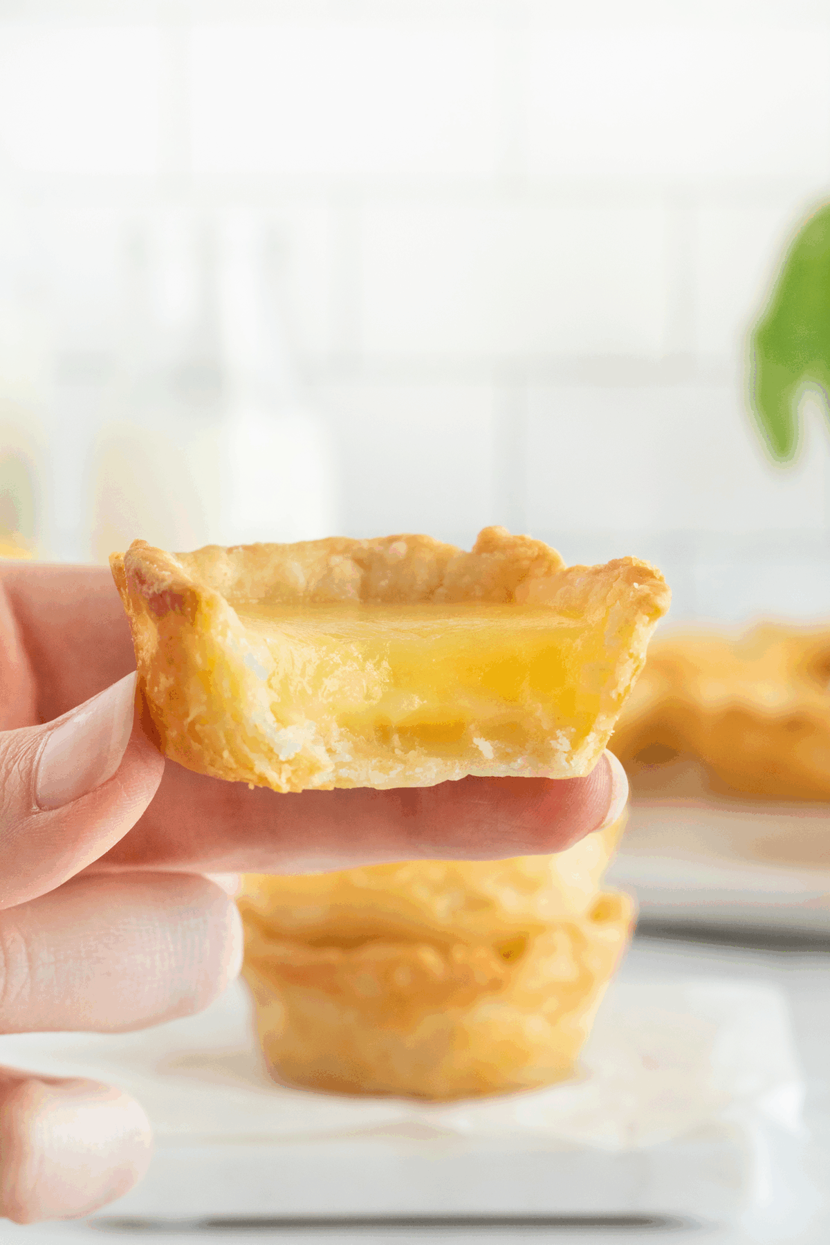 A hand holds a partially eaten butter tart, showing its flaky crust and creamy yellow filling, with more tarts and a blurred kitchen background visible.