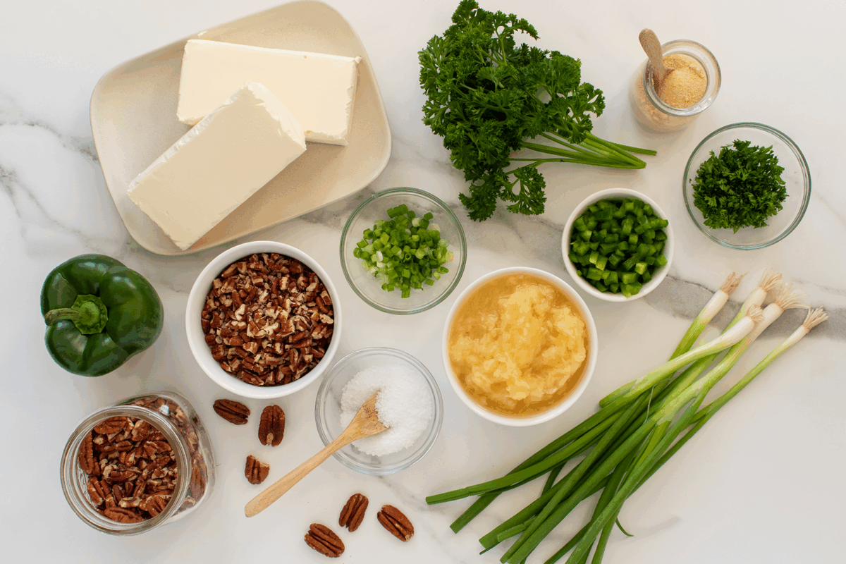 Assorted ingredients on a marble surface: cream cheese, fresh parsley, green onions, chopped pecans, granulated sugar, green bell pepper, chopped green peppers, pineapple, and a jar of garlic powder.