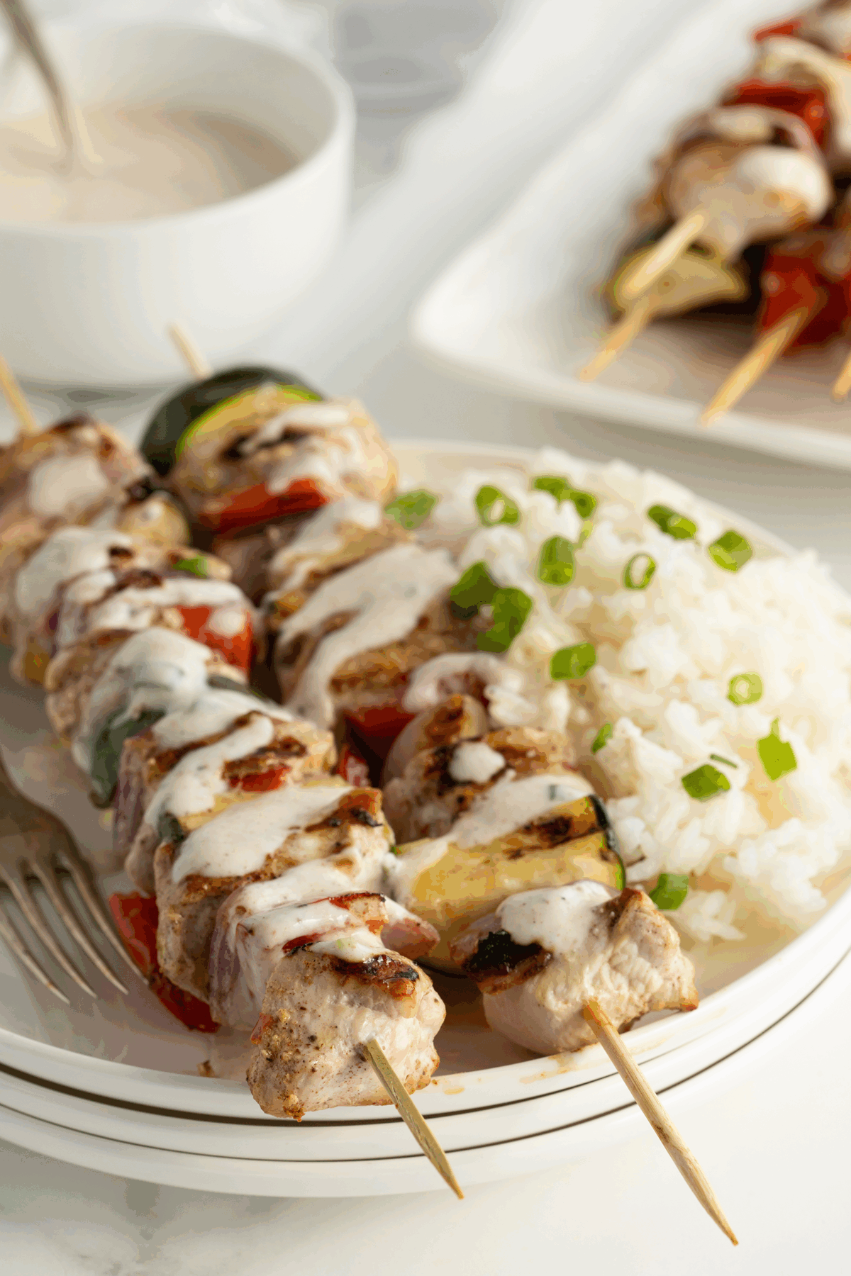 Grilled chicken and vegetable skewers drizzled with white sauce, served with steamed white rice topped with sliced green onions on a white plate. A fork and extra skewers are visible nearby.