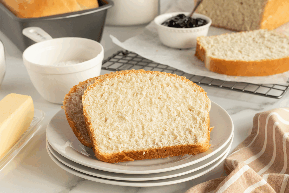 Two slices of homemade white bread on a plate, with a loaf in the background, a bowl of jam, a stick of butter, and a striped towel on a white countertop.