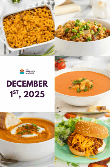A collage of six photos featuring baked macaroni and cheese, a bowl of rice with vegetables, two bowls of soup, a sandwich with shredded cheese, and text reading December 1st, 2025 in the center.