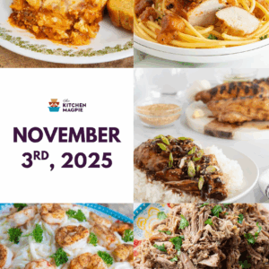 A collage features six dishes: lasagna, pasta with chicken, grilled chicken with rice, beef with rice, shrimp Alfredo, and shredded beef, with “November 3rd, 2025” and The Kitchen Magpie logo in the center.