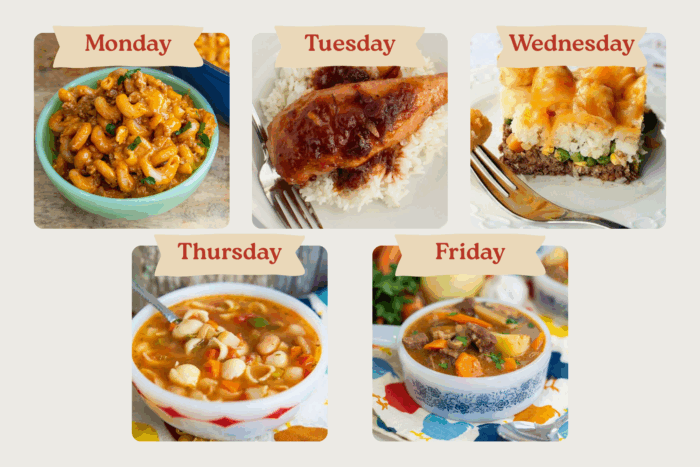 A weekly meal plan with photos: Monday—macaroni with peas; Tuesday—barbecue chicken with rice; Wednesday—shepherd’s pie; Thursday—white bean soup with vegetables; Friday—beef stew with potatoes and carrots.