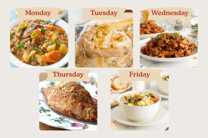 A weekly meal plan with labeled photos: Monday—beef stew, Tuesday—creamy chicken bake, Wednesday—pasta with meat sauce, Thursday—breaded fish fillet, Friday—vegetable soup.