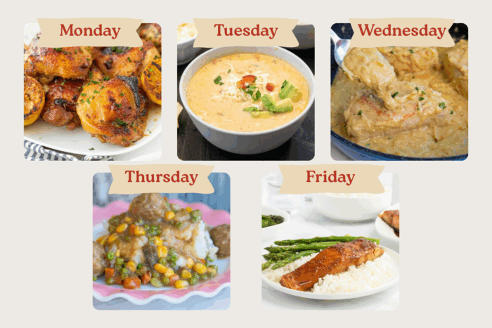 Weekly dinner plan: Monday—roasted chicken, Tuesday—creamy soup with avocado, Wednesday—shrimp in sauce, Thursday—meatballs with vegetables, Friday—salmon with rice and asparagus.