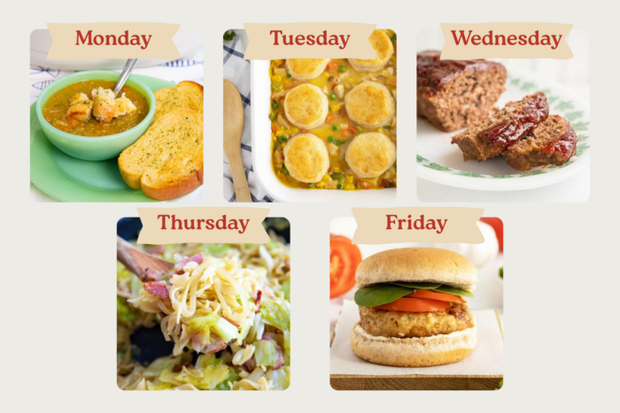 Weekly meal plan with images: Monday—soup with bread; Tuesday—casserole topped with biscuits; Wednesday—meatloaf slices; Thursday—cabbage and sausage skillet; Friday—chicken sandwich with tomato and lettuce.