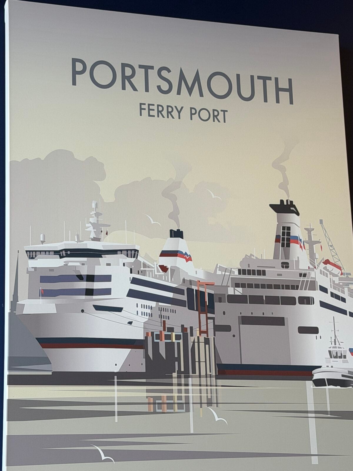 Illustrated poster of Portsmouth Ferry Port, with two large ferries docked while smoke rises from their funnels. Water reflects the ships below and a light sky with clouds hints at a coastal route to Southampton.