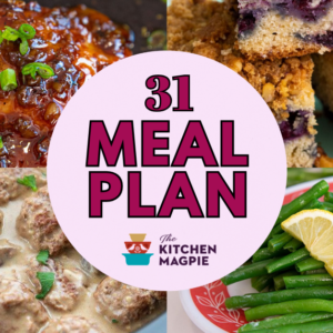 A circular 31 Meal Plan graphic is centered with images of glazed chicken, blueberry crumb cake, meatballs in sauce, and green beans with lemon on colorful plates around it.
