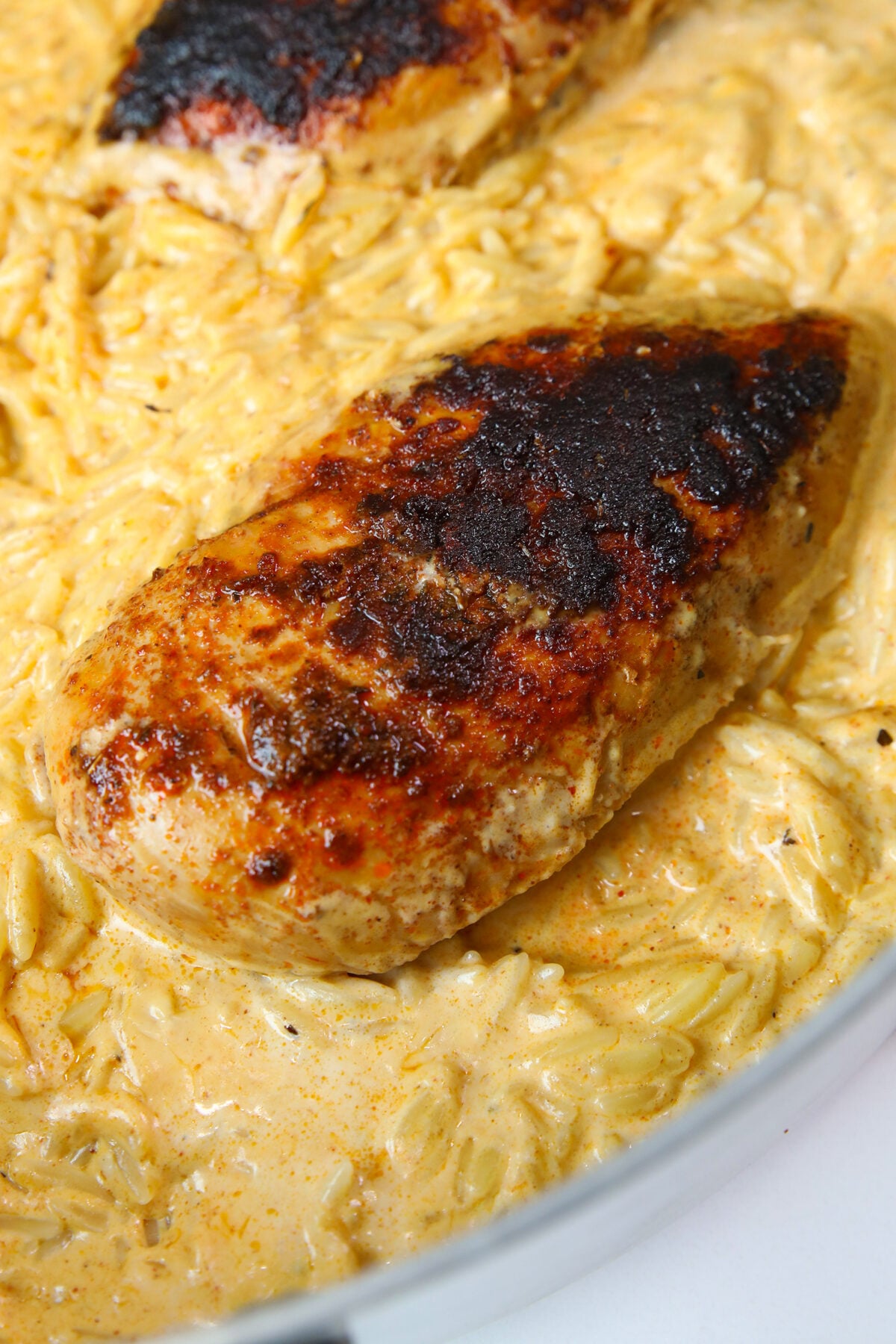 A close-up of blackened, seasoned chicken breasts on a creamy orzo pasta in a white pan.